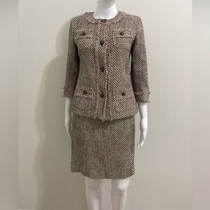 Talbots Pink Green Tweed Fringe 3/4 Sleeve Jacket & Skirt Suit Set Sz ( 4P/2P )